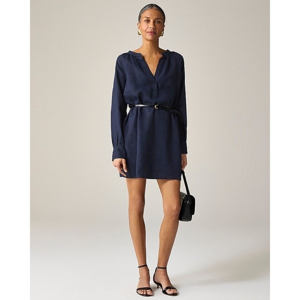 NWT!! J. CREW Cabana Mini‎ Dress Linen Navy Blue Belted Solid Vacation Medium